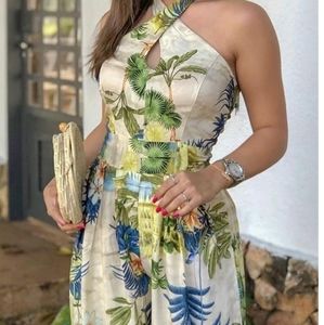 Tropical Blue Green Palm Halter Flare Jumpsuit